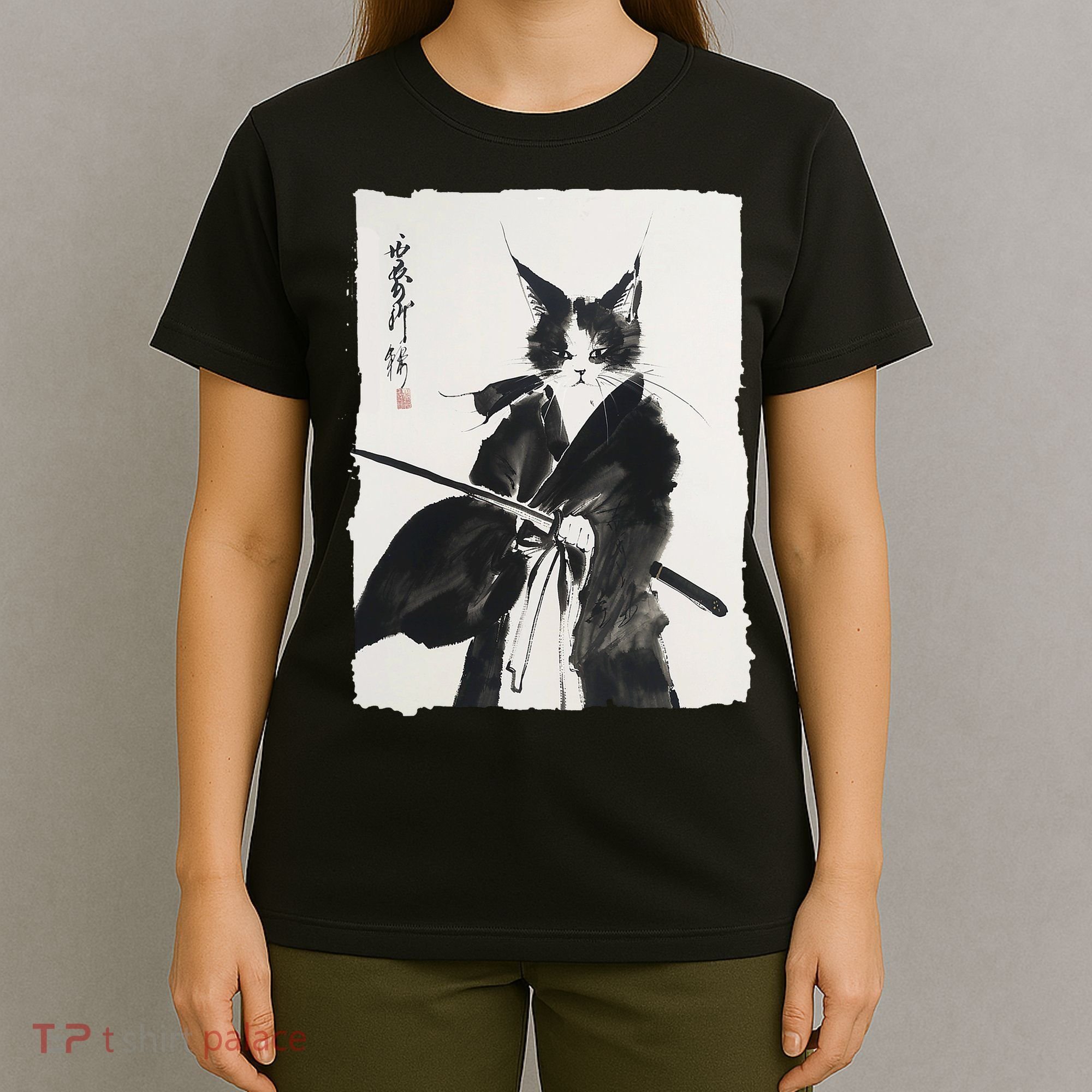 Samurai Cat Vintage Ukiyo-e Warrior Art Graphic Cat Art T-Shirt