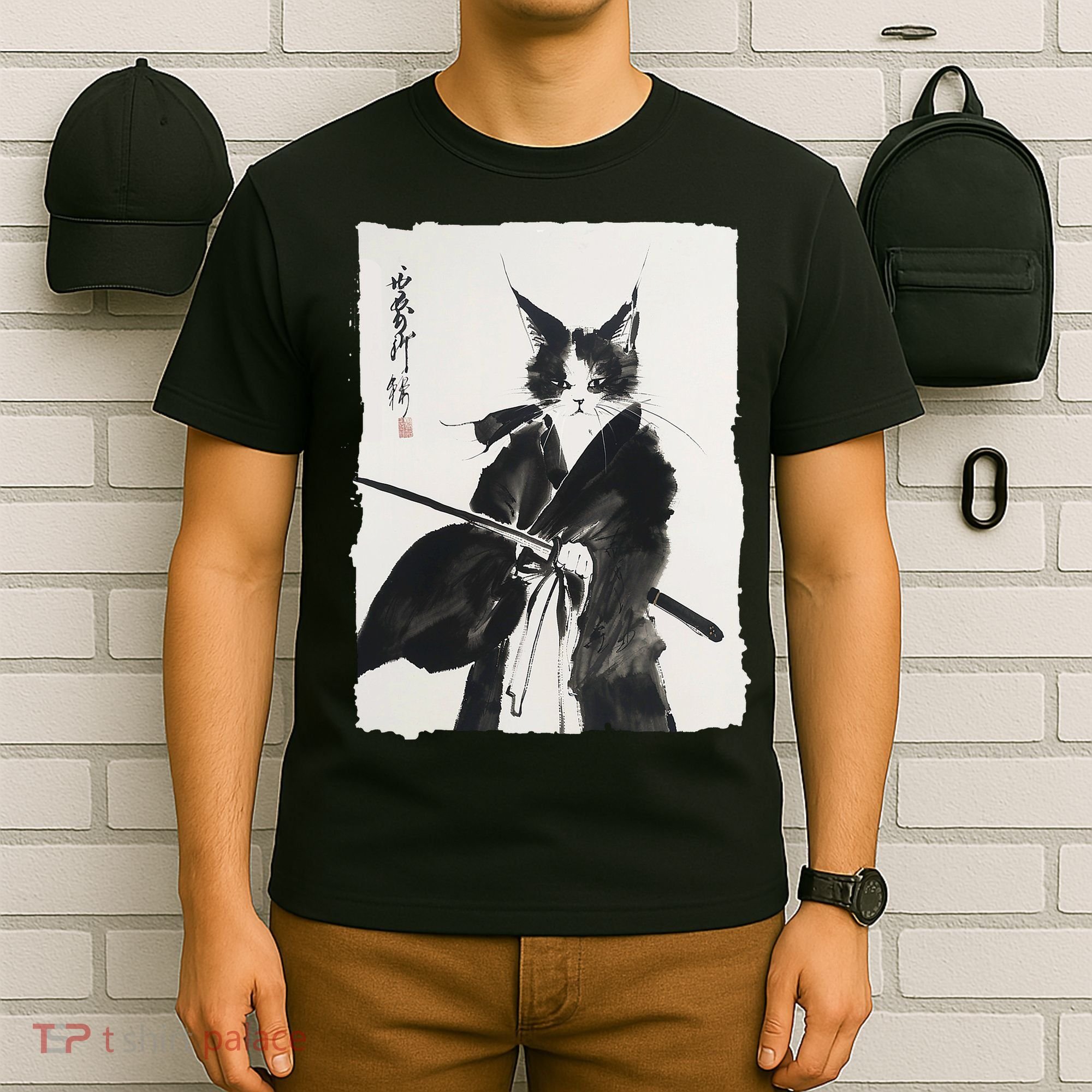 Samurai Cat Vintage Ukiyo-e Warrior Art Graphic Cat Art T-Shirt