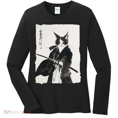 Samurai Cat Vintage Ukiyo-e Warrior Art Graphic Cat Art Women's Long Sleeve Shirt