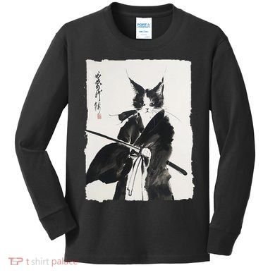 Samurai Cat Vintage Ukiyo-e Warrior Art Graphic Cat Art Kids Long Sleeve Shirt