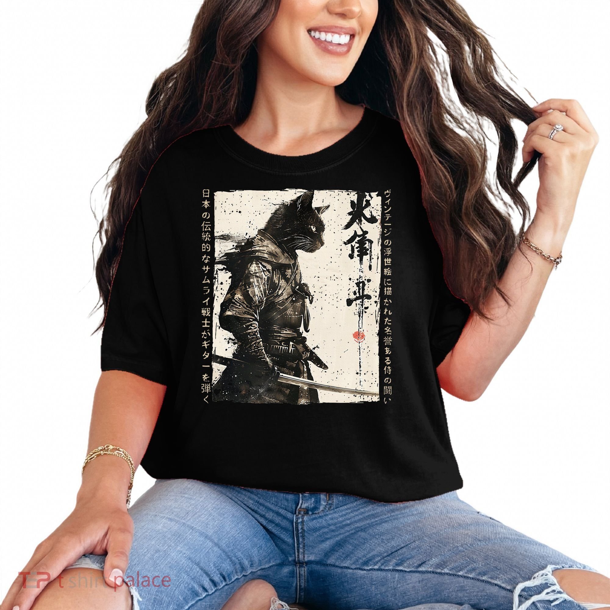 Samurai Cat Warrior Ukiyo Ink Artwork Cat Samurai Comfort Colors T-Shirt