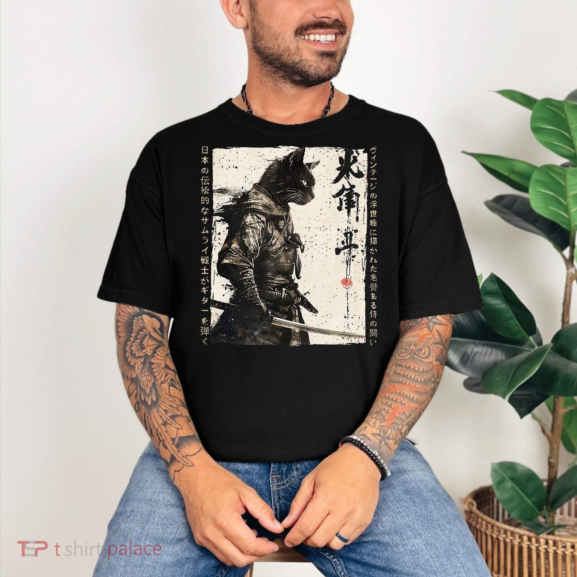 Samurai Cat Warrior Ukiyo Ink Artwork Cat Samurai Comfort Colors T-Shirt