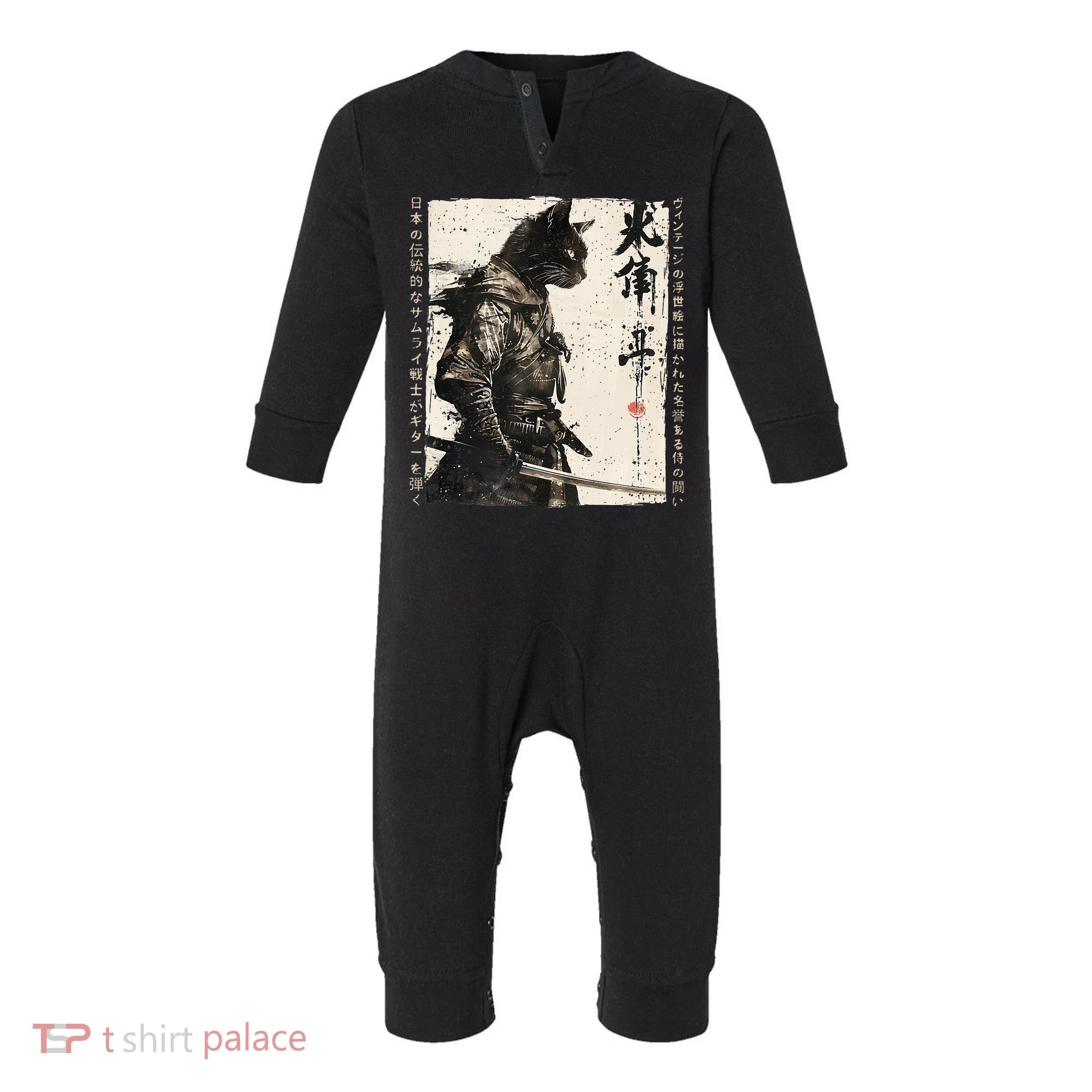 Samurai Cat Warrior Ukiyo Ink Artwork Cat Samurai Infant Fleece One Piece