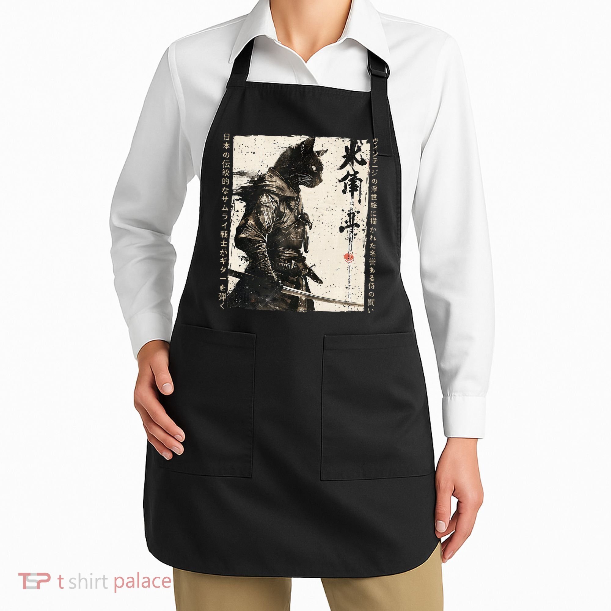 Samurai Cat Warrior Ukiyo Ink Artwork Cat Samurai Apron