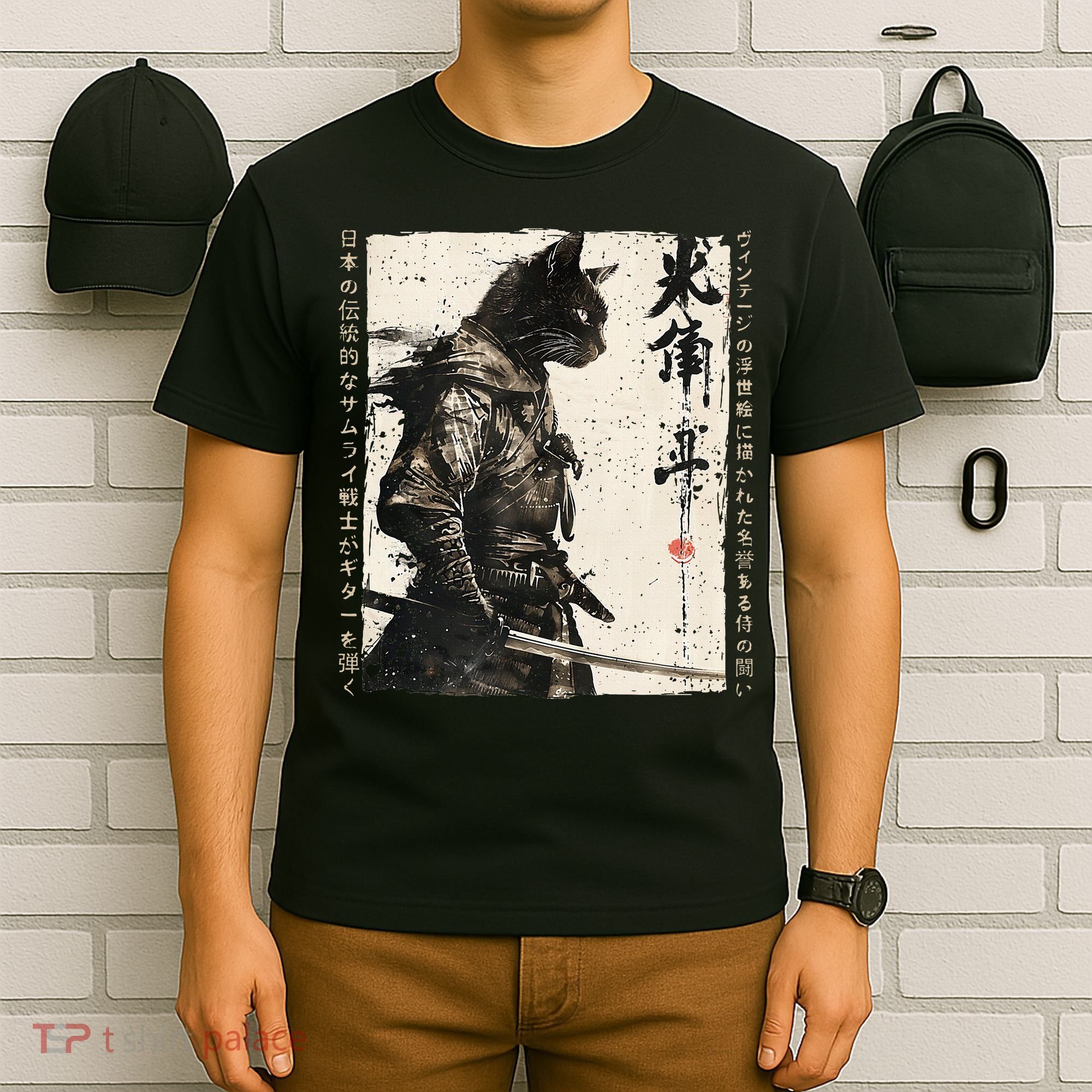 Samurai Cat Warrior Ukiyo Ink Artwork Cat Samurai T-Shirt