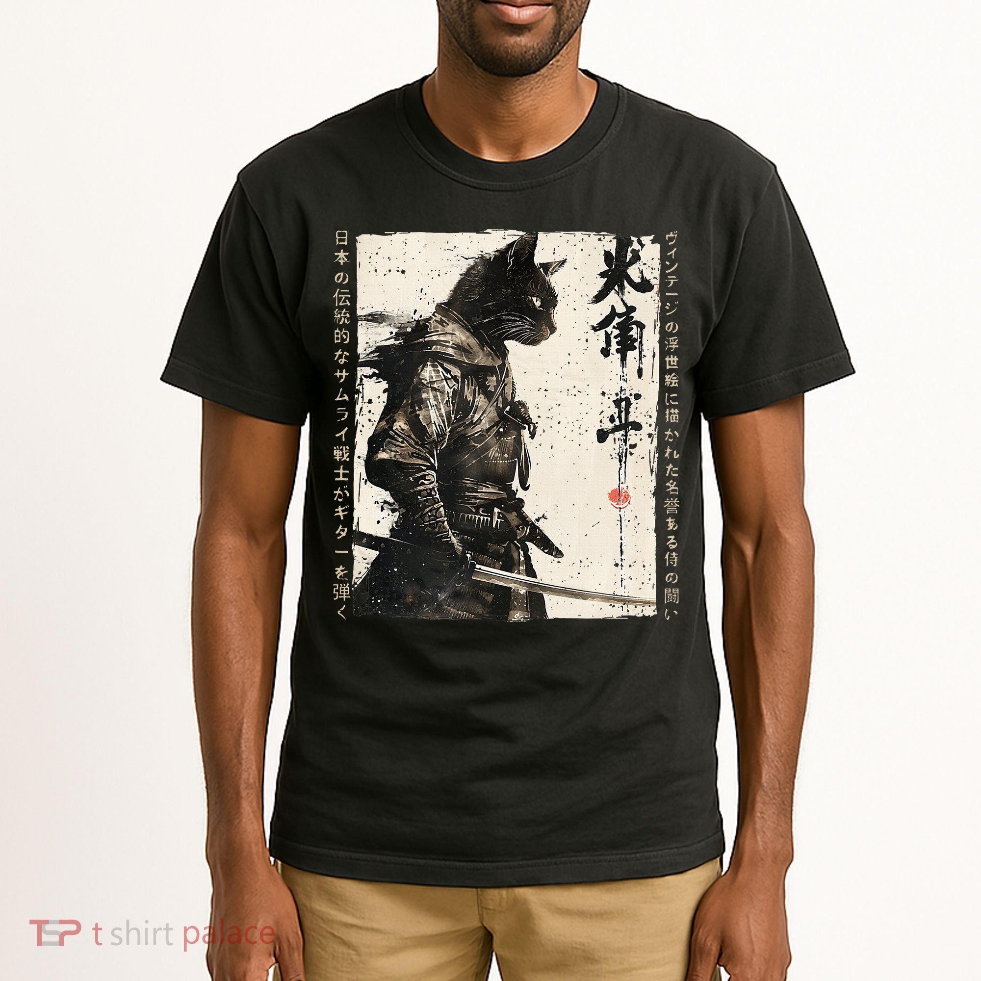 Samurai Cat Warrior Ukiyo Ink Artwork Cat Samurai Tall T-Shirt