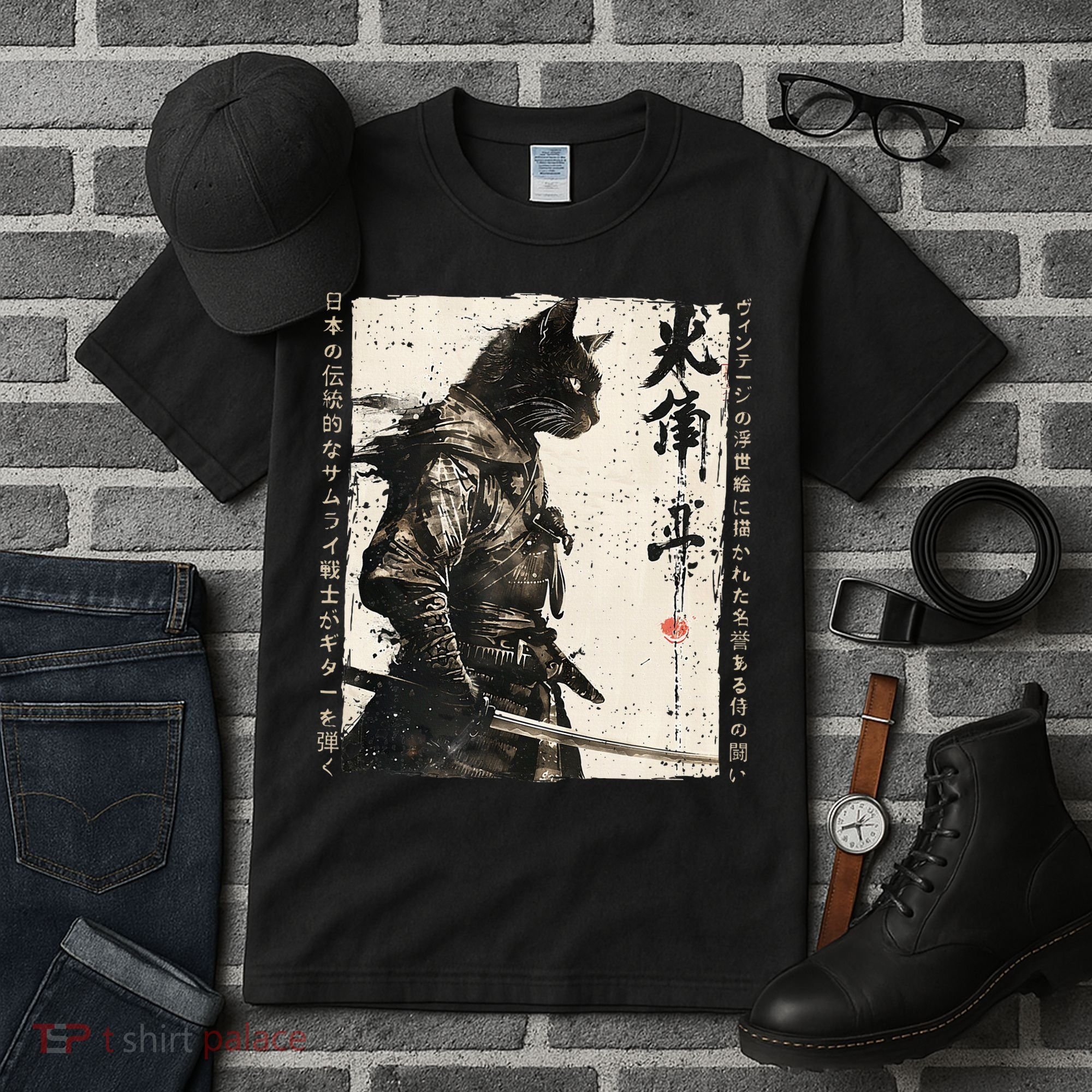 Samurai Cat Warrior Ukiyo Ink Artwork Cat Samurai Tall T-Shirt