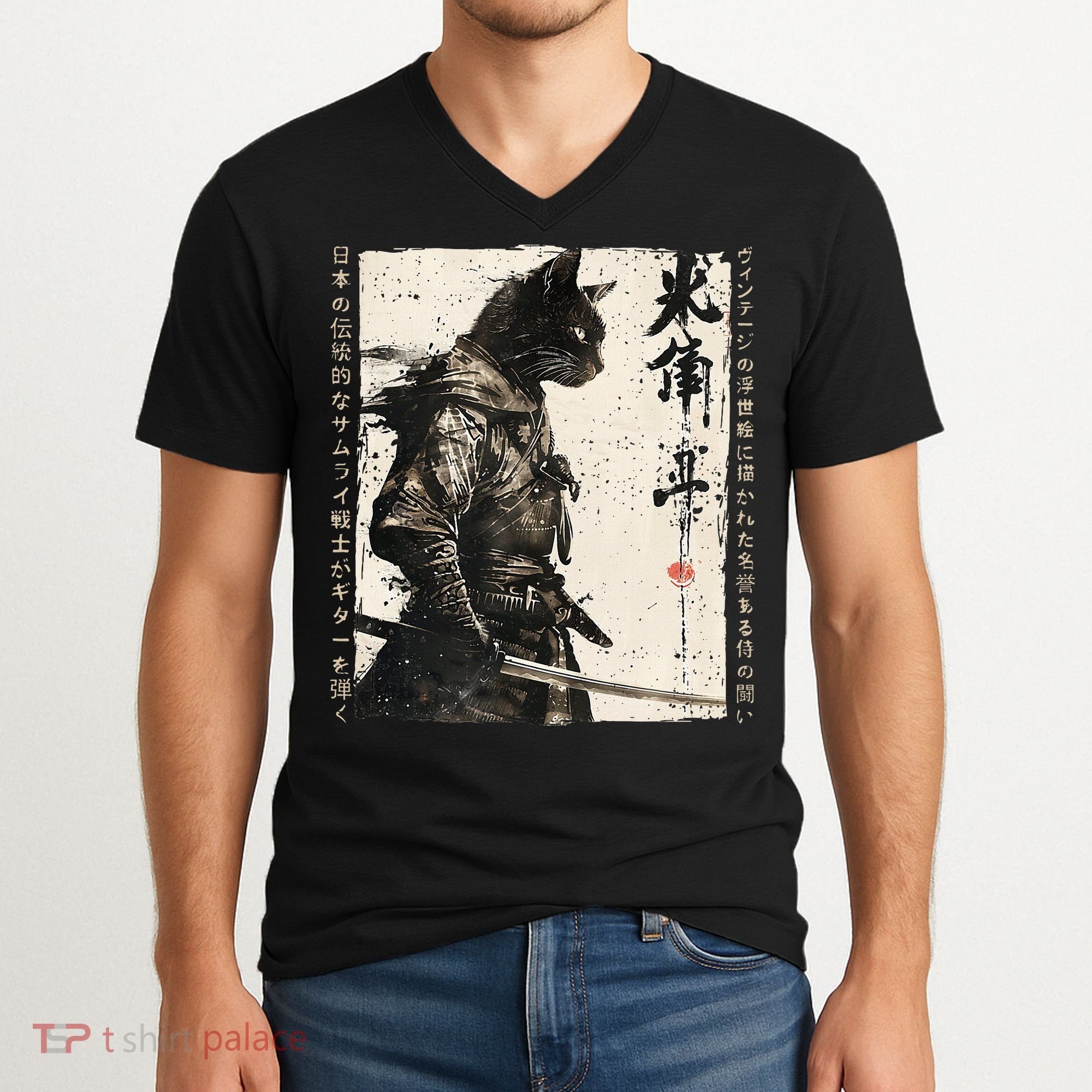 Samurai Cat Warrior Ukiyo Ink Artwork Cat Samurai V-Neck T-Shirt