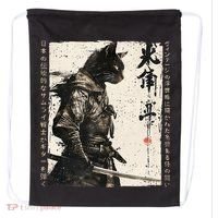 Samurai Cat Warrior Ukiyo Ink Artwork Cat Samurai Drawstring Bag thumb 0