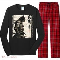 Samurai Cat Warrior Ukiyo Ink Artwork Cat Samurai Long Sleeve Pajama Set thumb 0