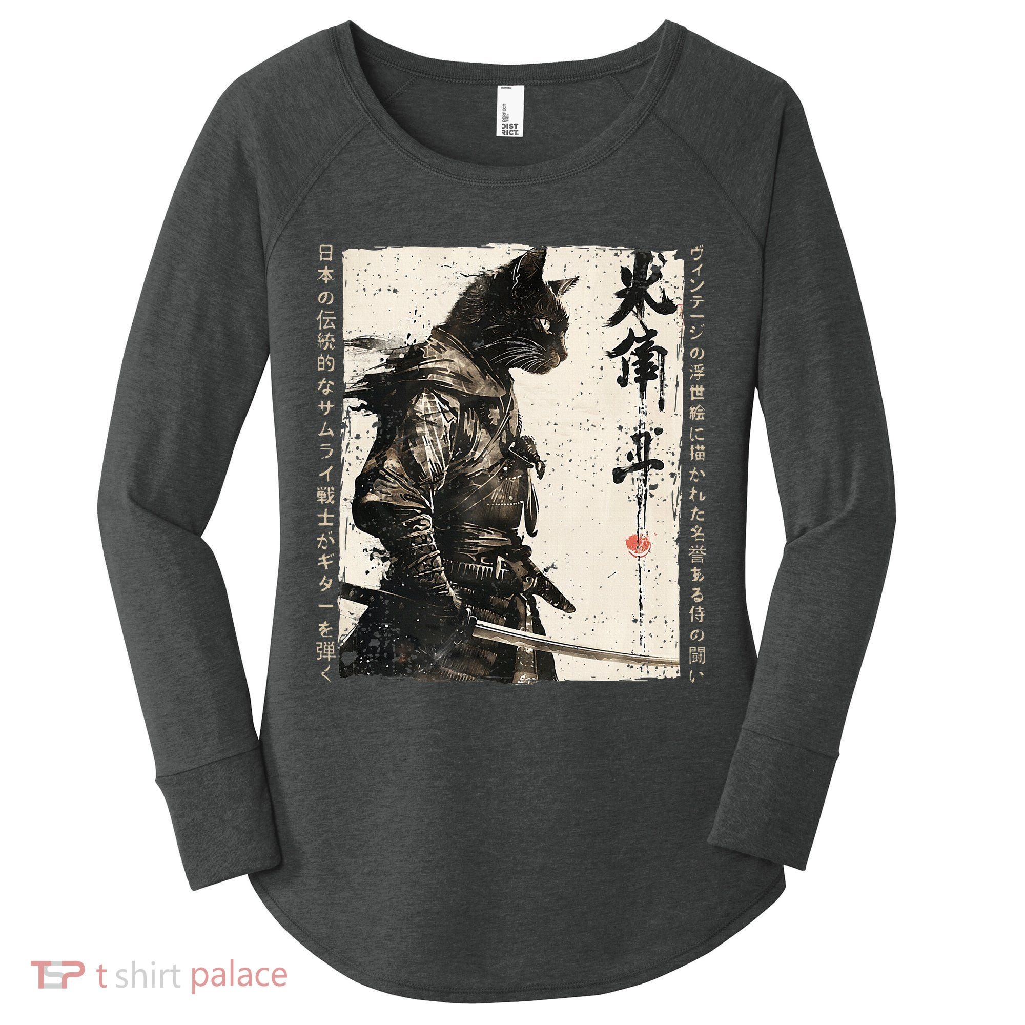 Samurai Cat Warrior Ukiyo Ink Artwork Cat Samurai Women's Perfect Tri Tunic Long Sleeve Shirt