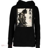 Samurai Cat Warrior Ukiyo Ink Artwork Cat Samurai Womens Funnel Neck Pullover Hood thumb 0
