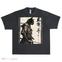 Samurai Cat Warrior Ukiyo Ink Artwork Cat Samurai Urban Oversized Heavyweight T-Shirt thumb 0