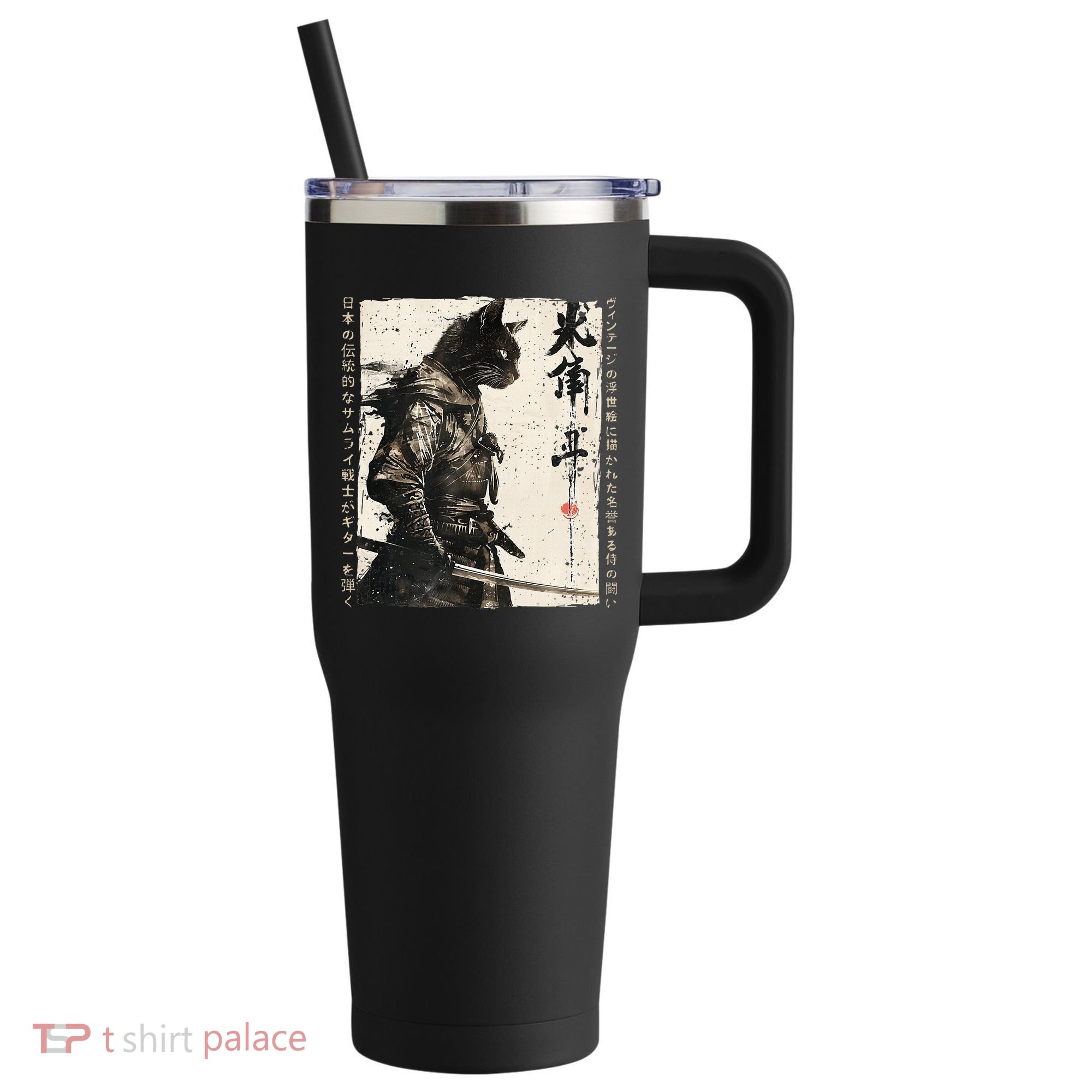 Samurai Cat Warrior Ukiyo Ink Artwork Cat Samurai 40oz Vacuum Insulated Stainless Steel Travel Tumbler