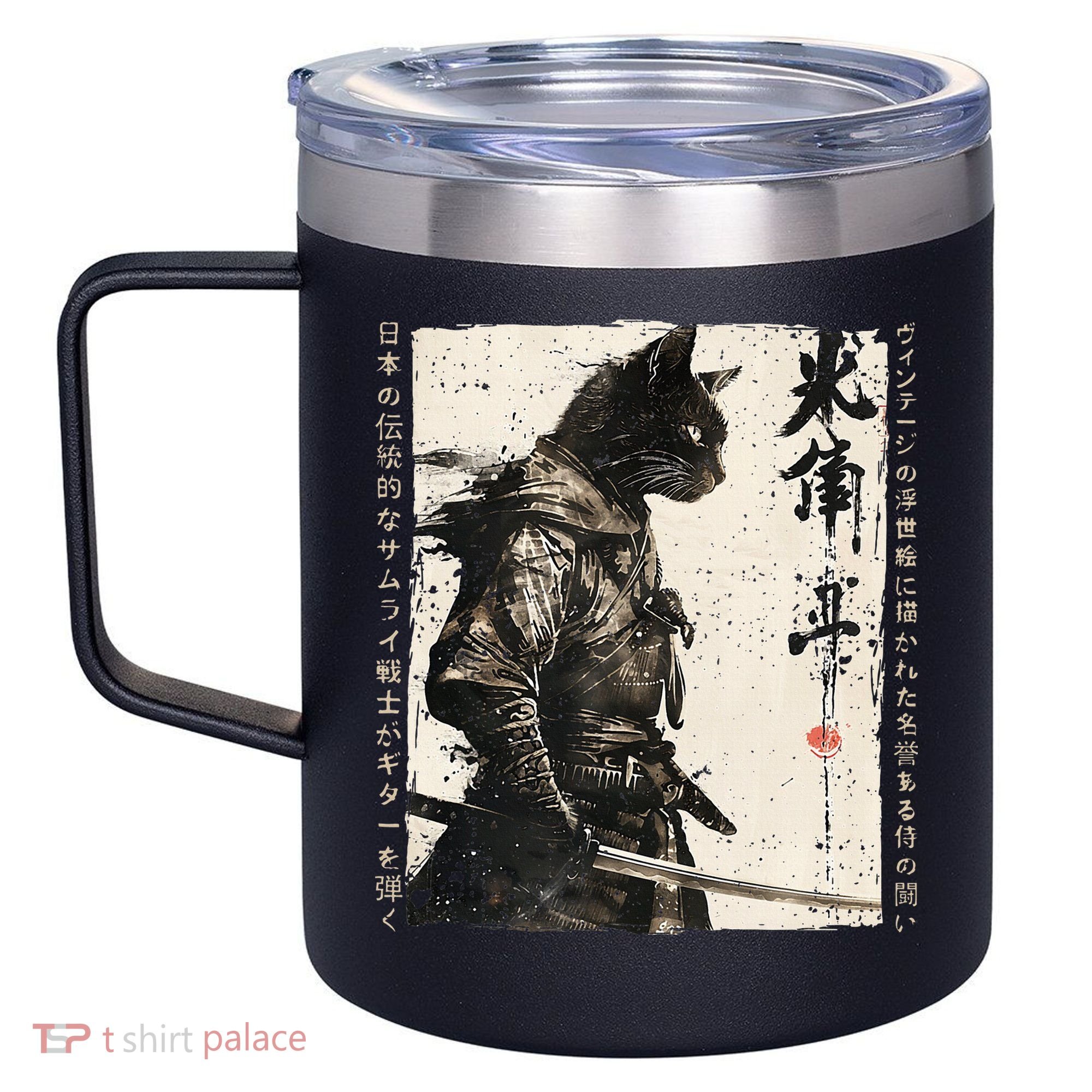 Samurai Cat Warrior Ukiyo Ink Artwork Cat Samurai 12oz Stainless Steel Coffee Mug
