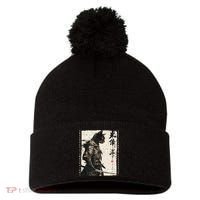 Samurai Cat Warrior Ukiyo Ink Artwork Cat Samurai Pom Pom 12in Knit Beanie thumb 0