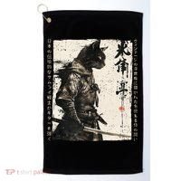 Samurai Cat Warrior Ukiyo Ink Artwork Cat Samurai Golf Towel thumb 0