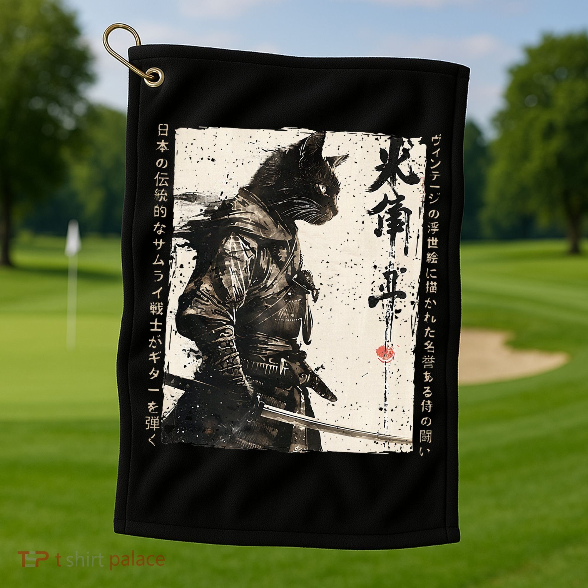 Samurai Cat Warrior Ukiyo Ink Artwork Cat Samurai Golf Towel