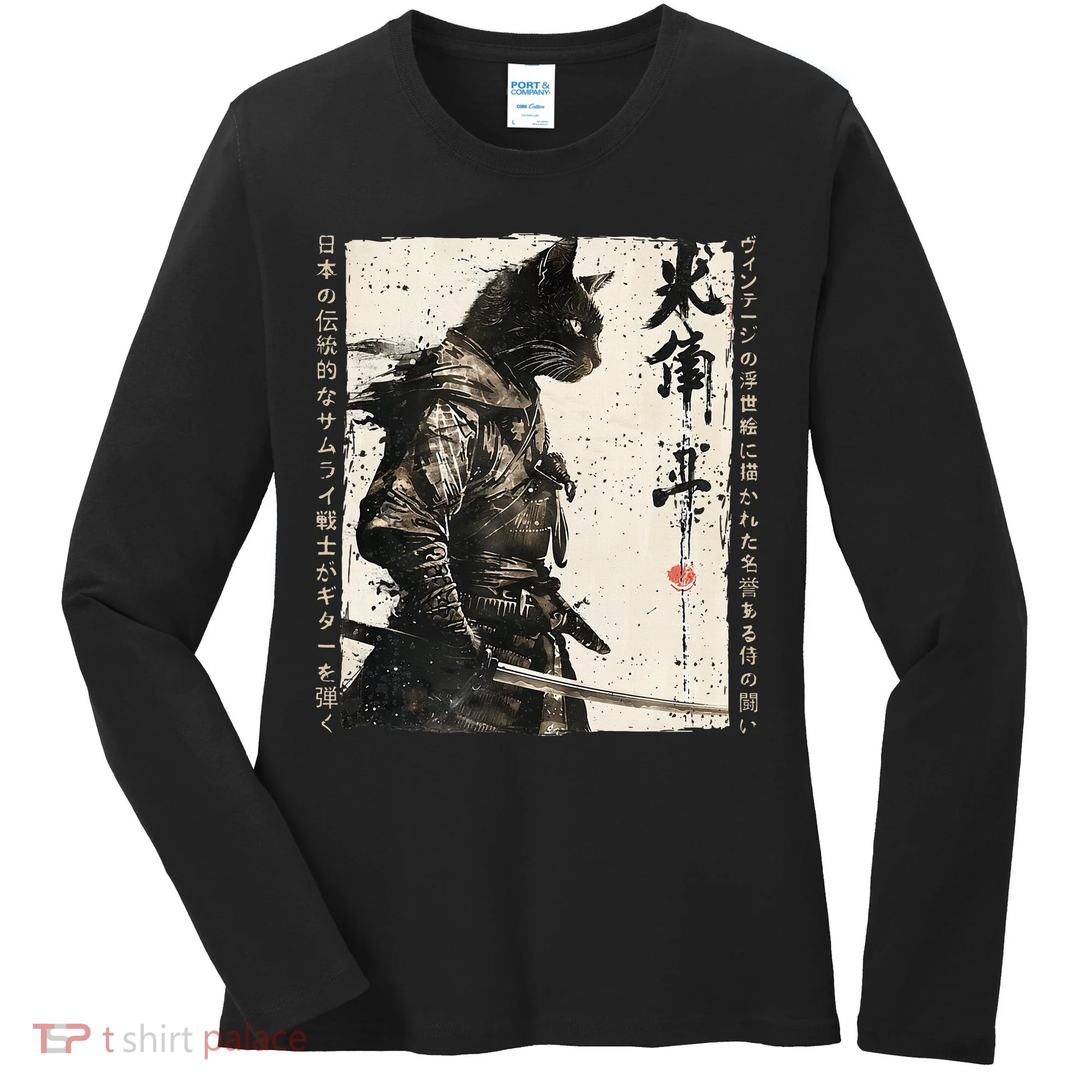 Samurai Cat Warrior Ukiyo Ink Artwork Cat Samurai Women's Long Sleeve Shirt
