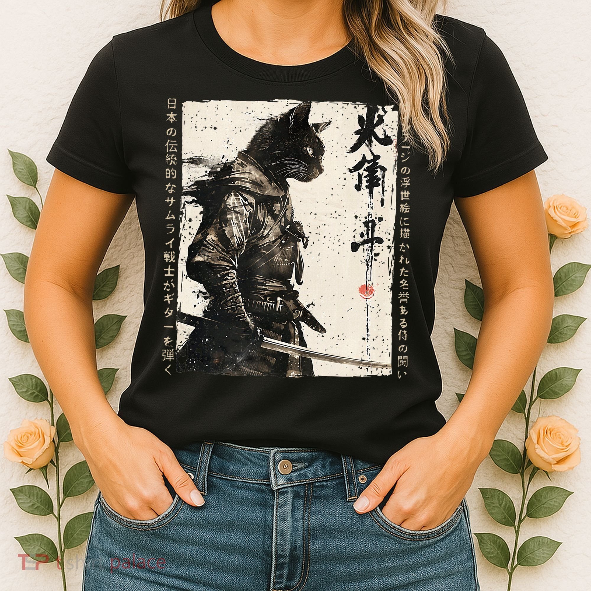 Samurai Cat Warrior Ukiyo Ink Artwork Cat Samurai Women's T-Shirt