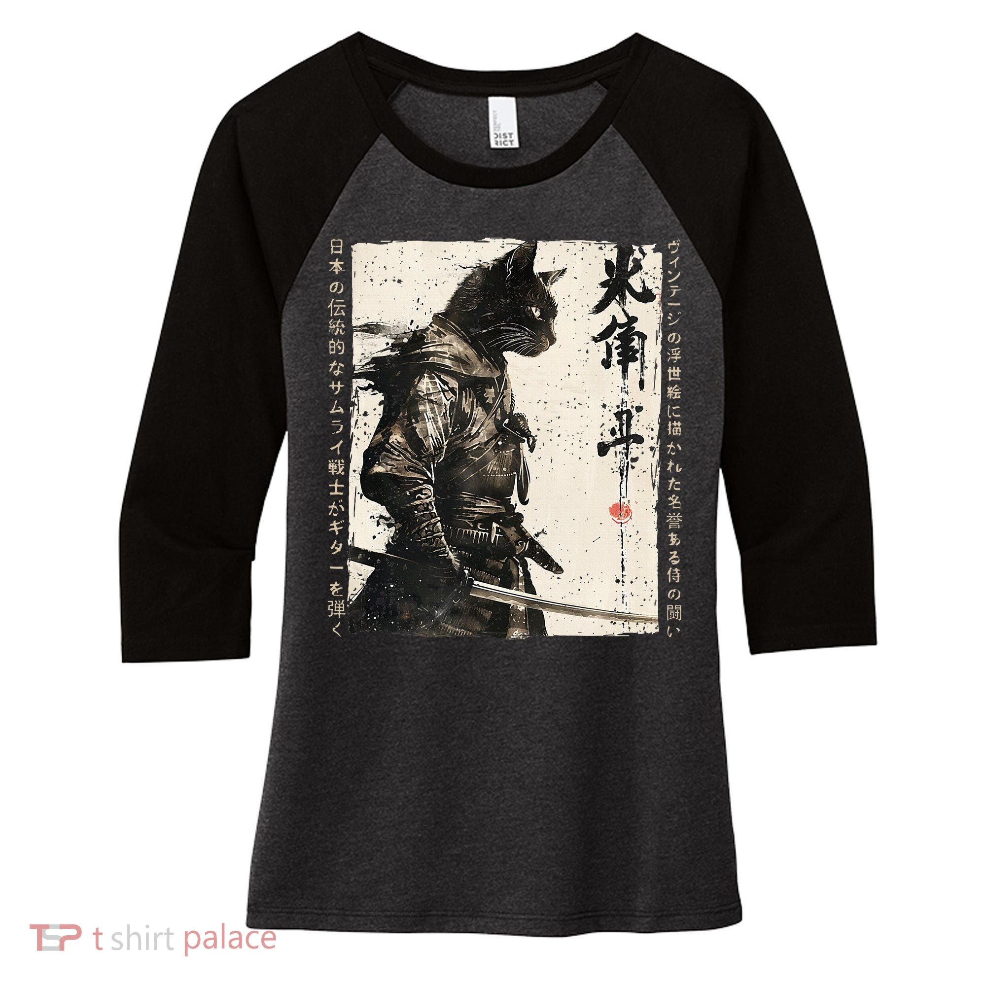 Samurai Cat Warrior Ukiyo Ink Artwork Cat Samurai Women's Tri-Blend 3/4-Sleeve Raglan Shirt