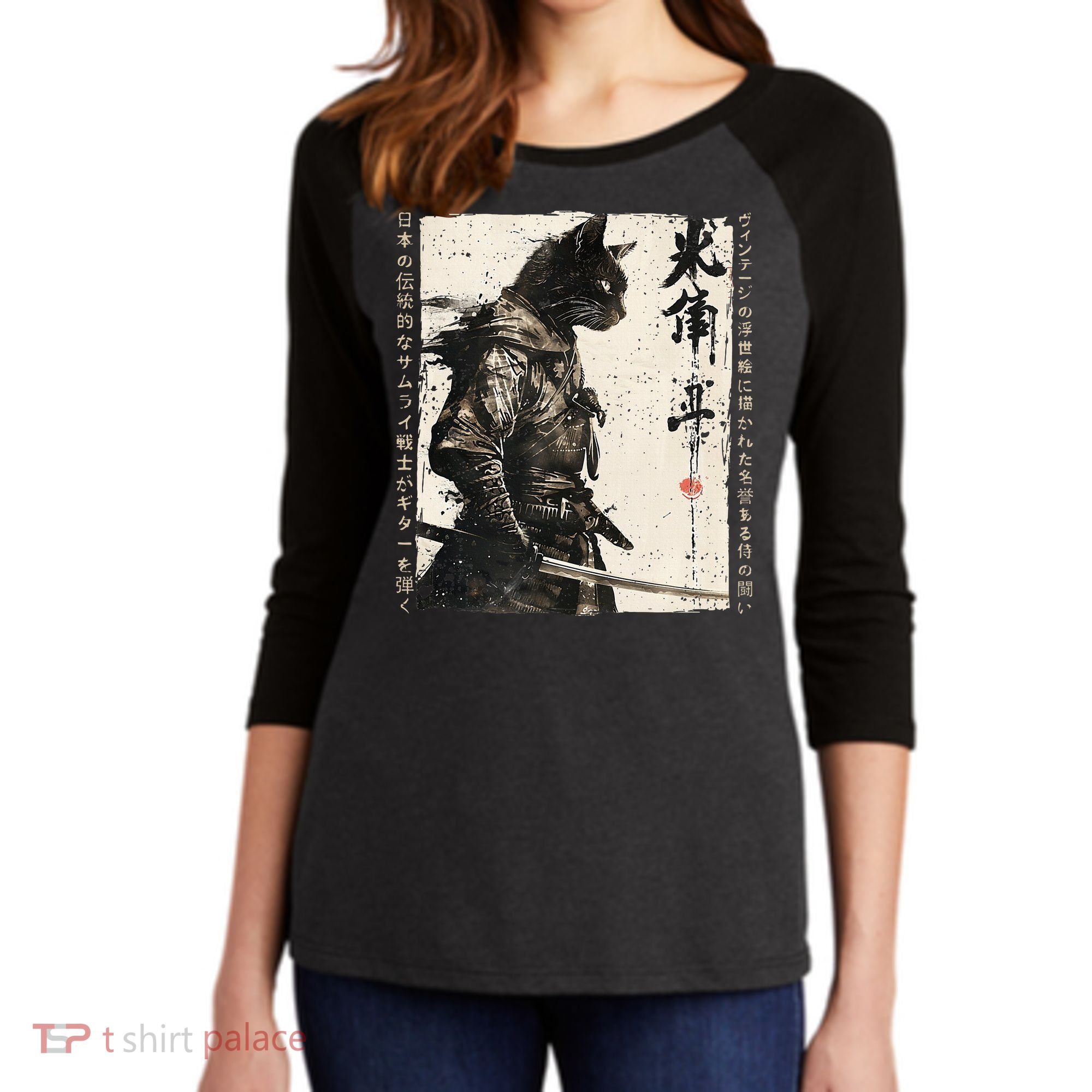 Samurai Cat Warrior Ukiyo Ink Artwork Cat Samurai Women's Tri-Blend 3/4-Sleeve Raglan Shirt