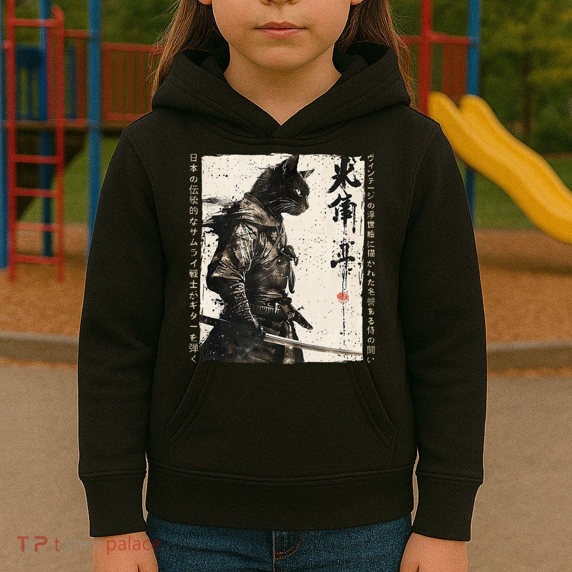 Samurai Cat Warrior Ukiyo Ink Artwork Cat Samurai Kids Hoodie