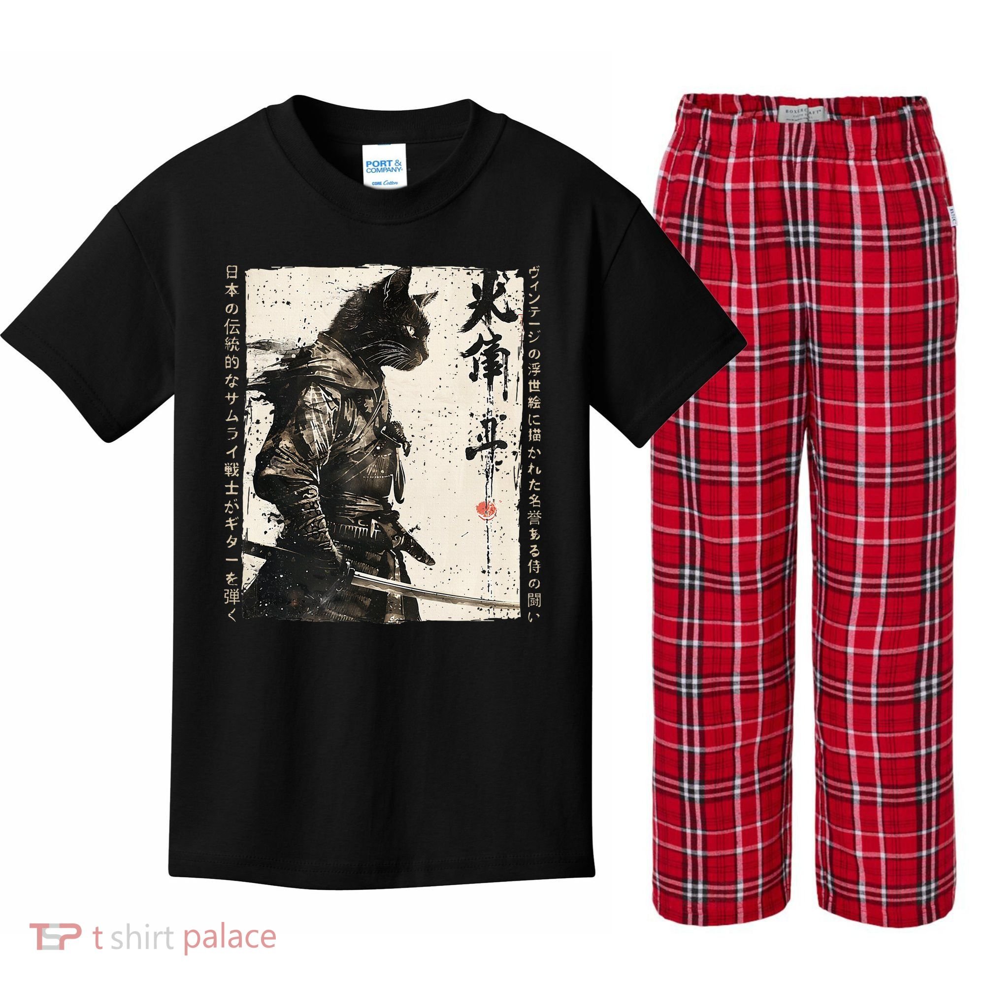 Samurai Cat Warrior Ukiyo Ink Artwork Cat Samurai Kids Plaid Pajama Set