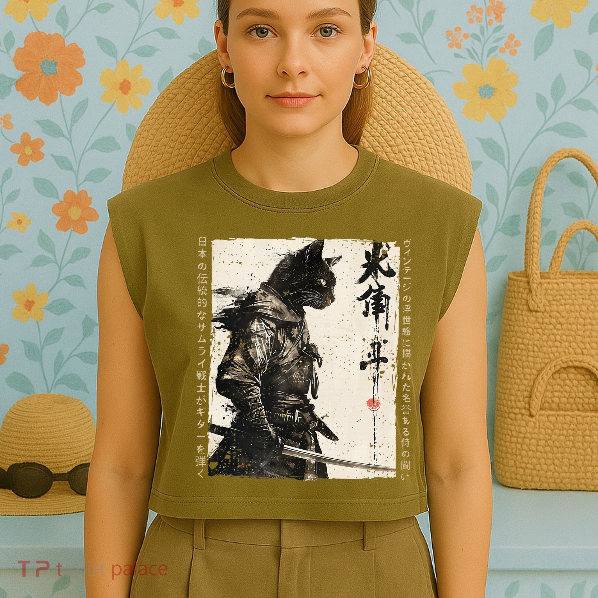 Samurai Cat Warrior Ukiyo Ink Artwork Cat Samurai Garment-Dyed Women's Muscle Tee