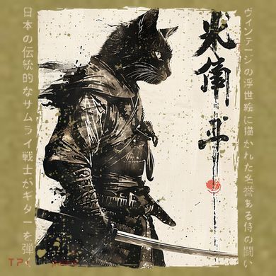 Samurai Cat Warrior Ukiyo Ink Artwork Cat Samurai Garment-Dyed Women's Muscle Tee