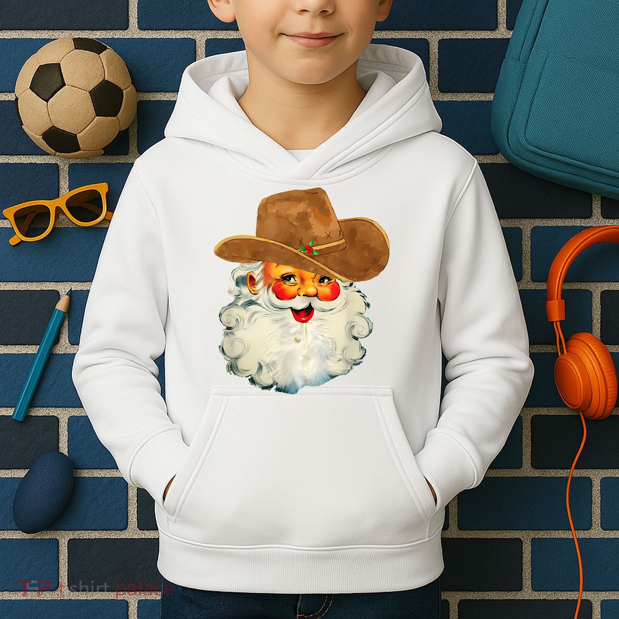 Santa Cowboy Western Christmas Xmas Holiday Pajamas Kids Hoodie