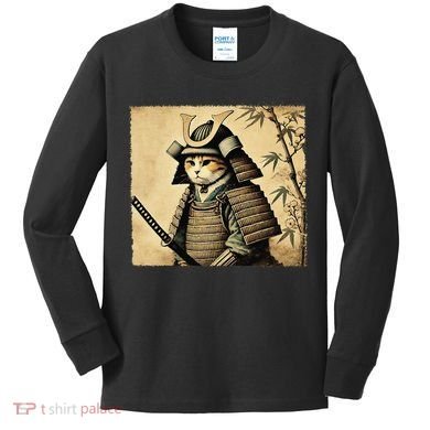 Samurai Cat Warrior Vintage Japanese Art Samurai Armor Kids Long Sleeve Shirt
