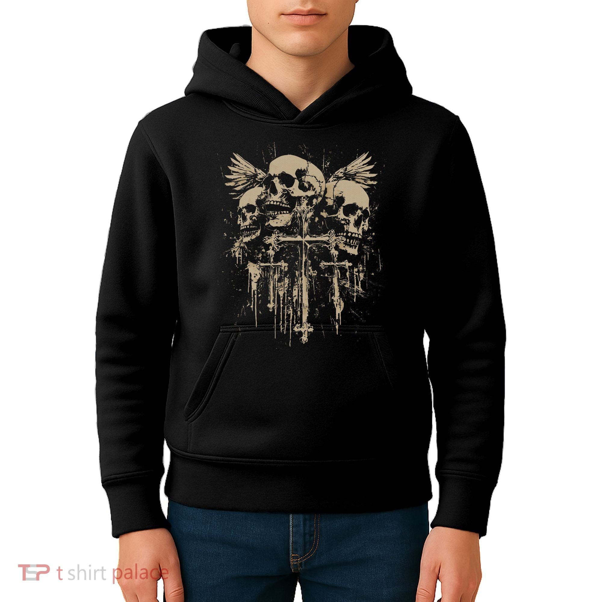 Skull Cross Wings Goth Alt Grunge Gothic Emo Aesthetic Kids Hoodie