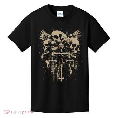 Skull Cross Wings Goth Alt Grunge Gothic Emo Aesthetic Kids T-Shirt