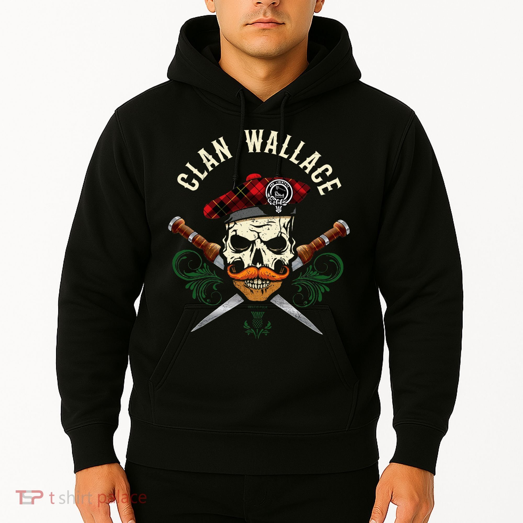 Scottish Clan Wallace Surname Skull Dirks Tartan Badge Hoodie