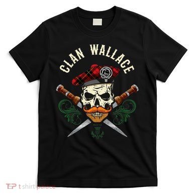Scottish Clan Wallace Surname Skull Dirks Tartan Badge T-Shirt