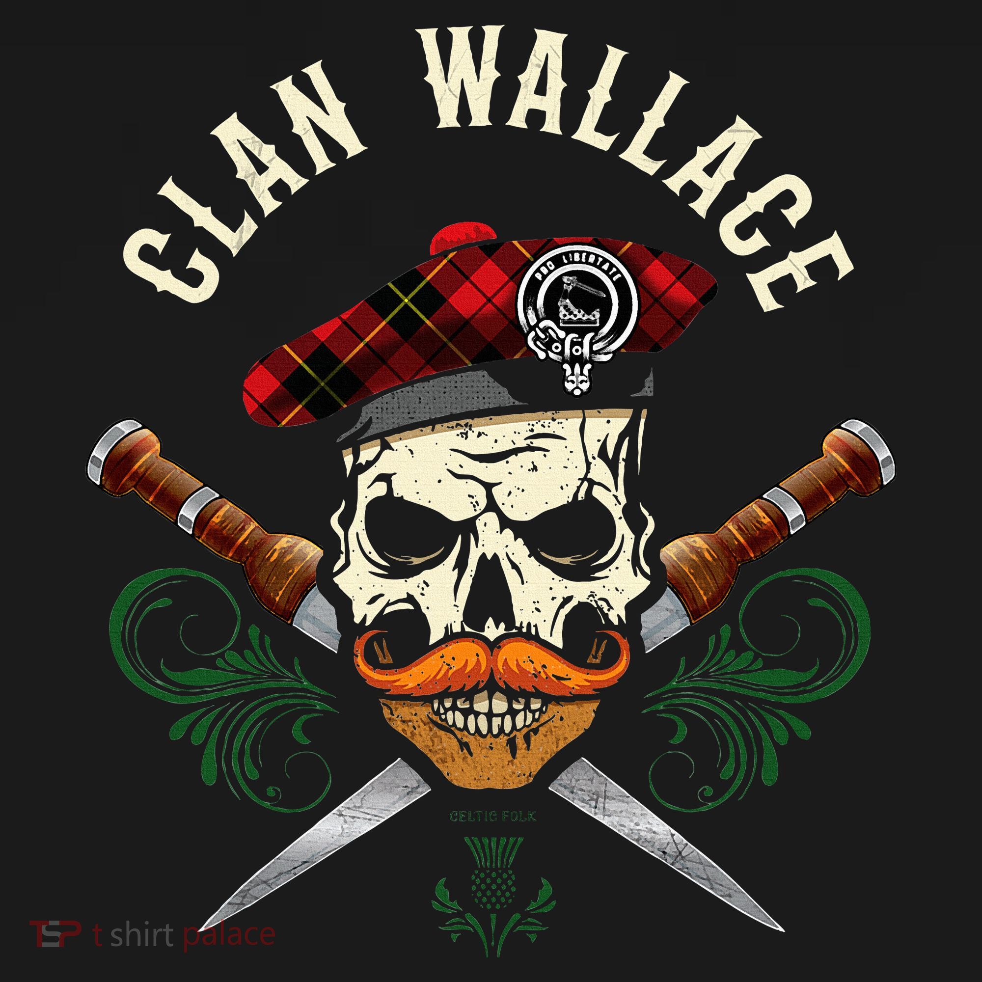 Scottish Clan Wallace Surname Skull Dirks Tartan Badge T-Shirt
