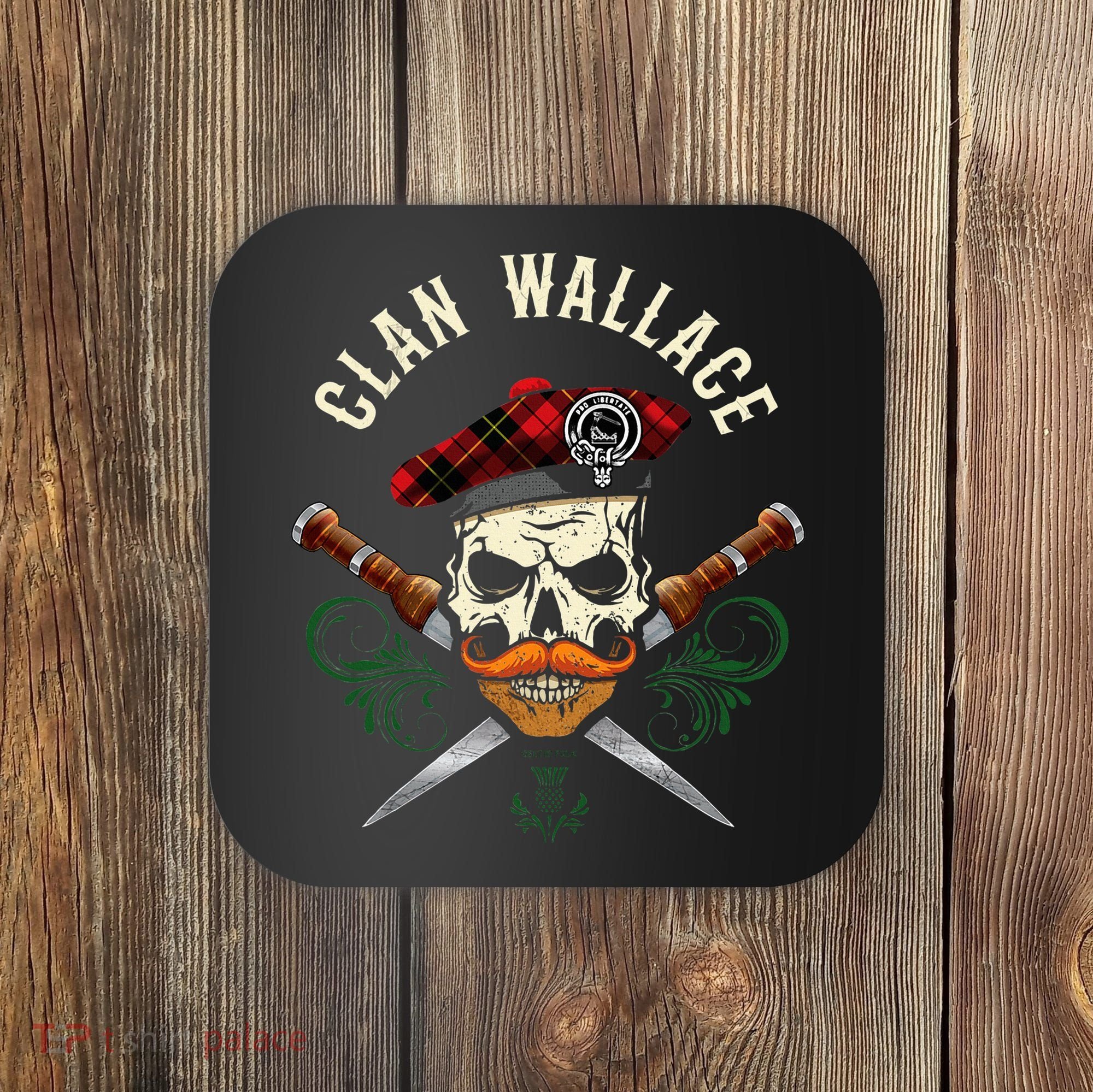Scottish Clan Wallace Surname Skull Dirks Tartan Badge Coaster