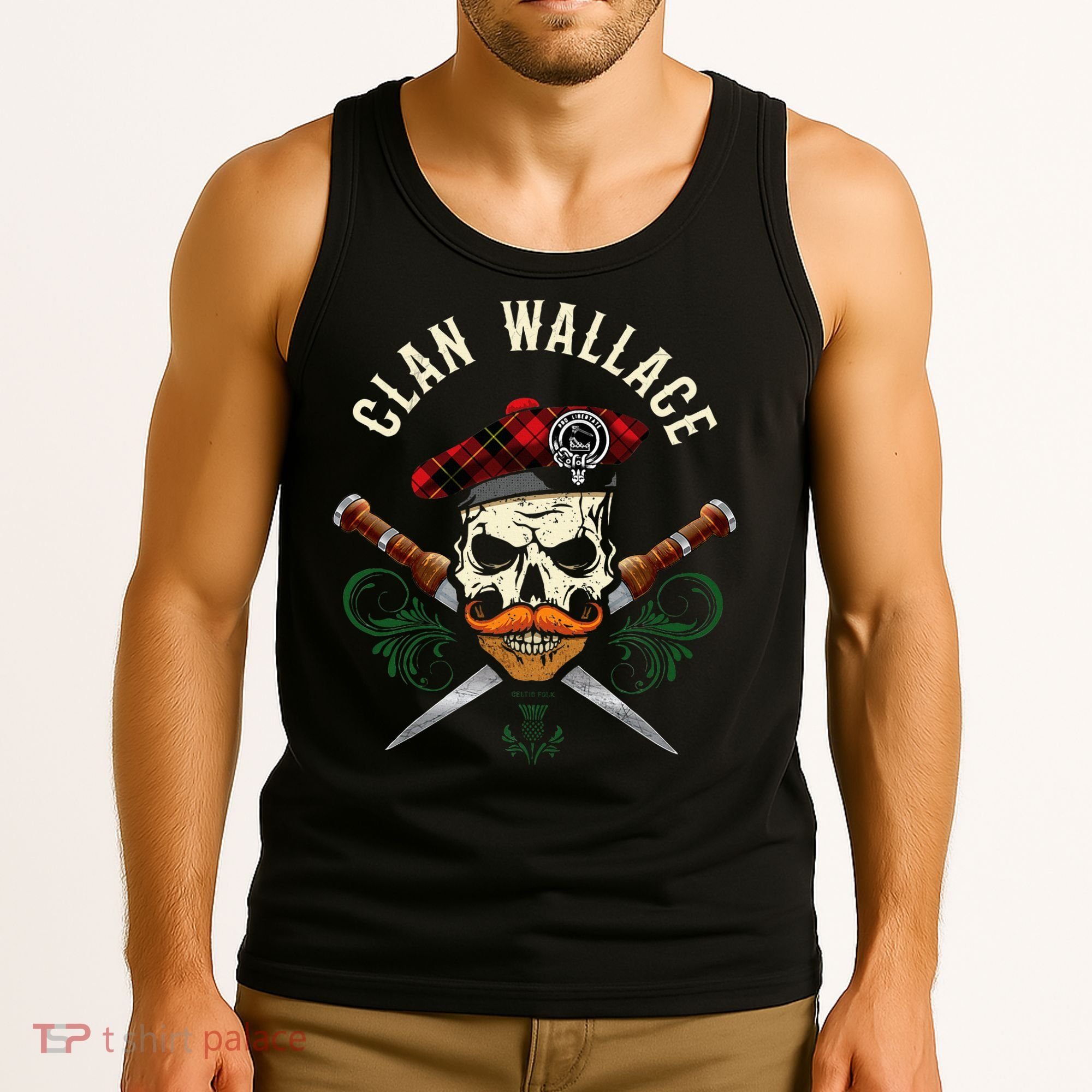 Scottish Clan Wallace Surname Skull Dirks Tartan Badge Tank Top