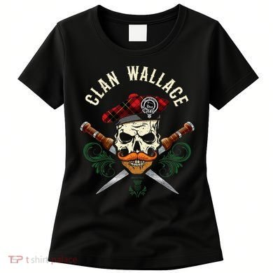 Scottish Clan Wallace Surname Skull Dirks Tartan Badge Women's T-Shirt