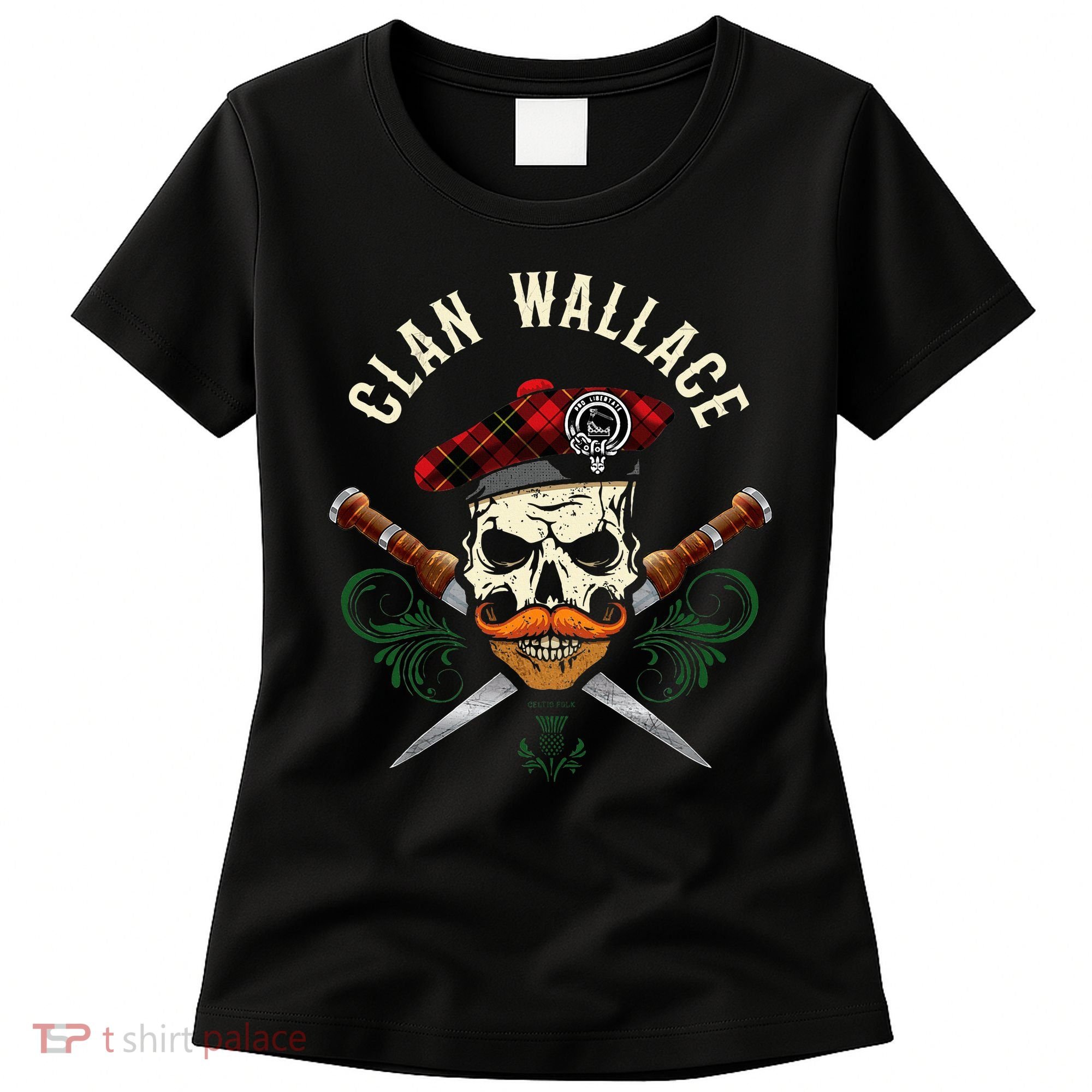Scottish Clan Wallace Surname Skull Dirks Tartan Badge Women's T-Shirt