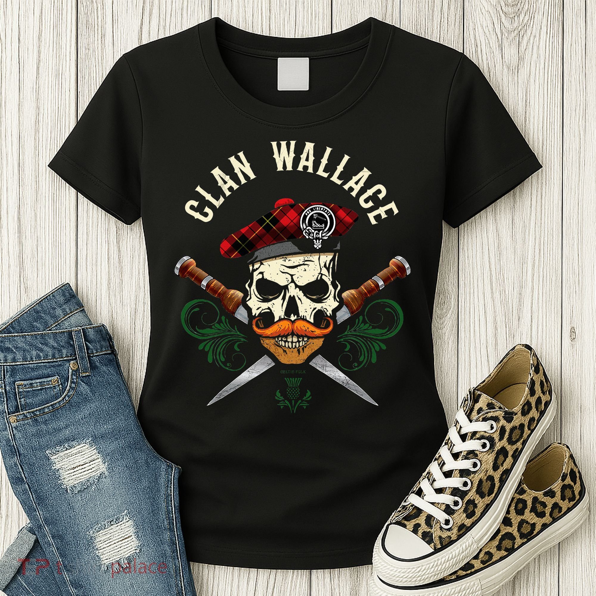 Scottish Clan Wallace Surname Skull Dirks Tartan Badge Women's T-Shirt