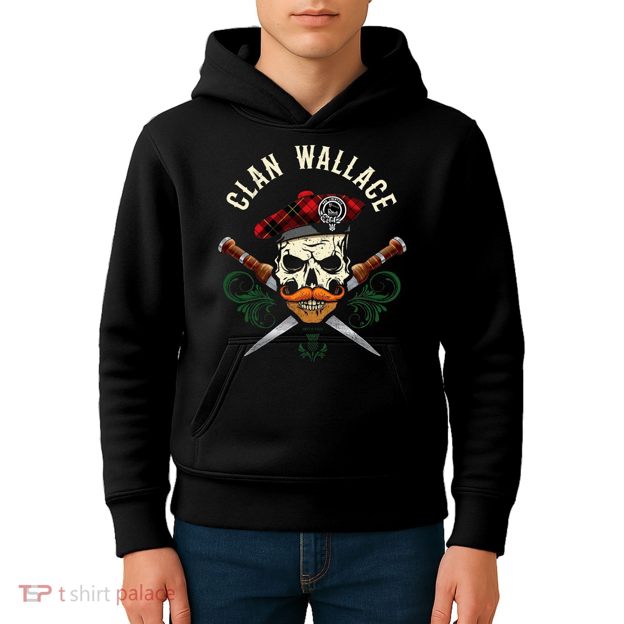 Scottish Clan Wallace Surname Skull Dirks Tartan Badge Kids Hoodie