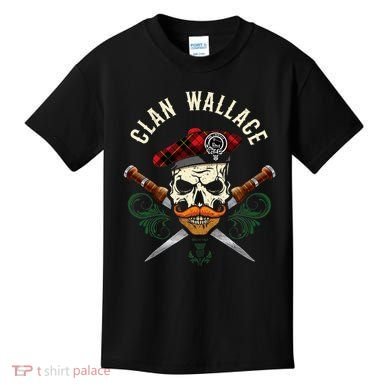 Scottish Clan Wallace Surname Skull Dirks Tartan Badge Kids T-Shirt