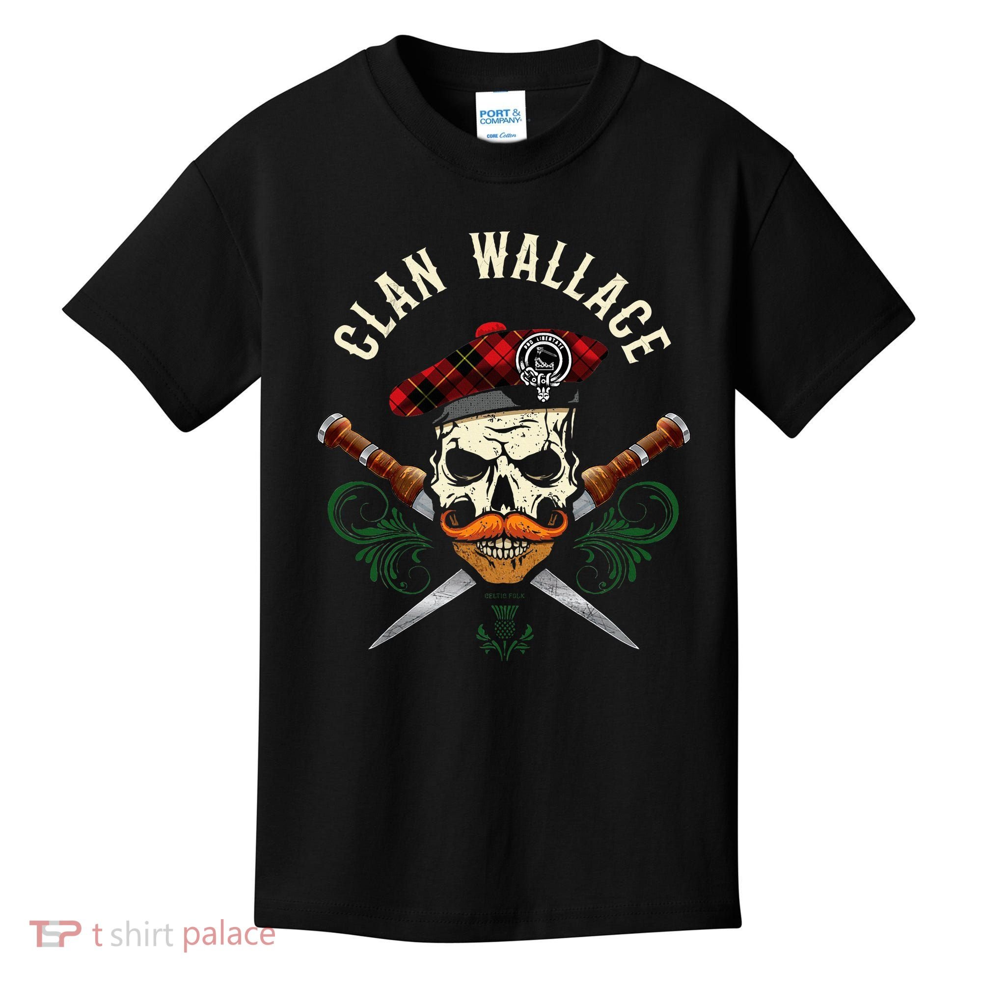 Scottish Clan Wallace Surname Skull Dirks Tartan Badge Kids T-Shirt