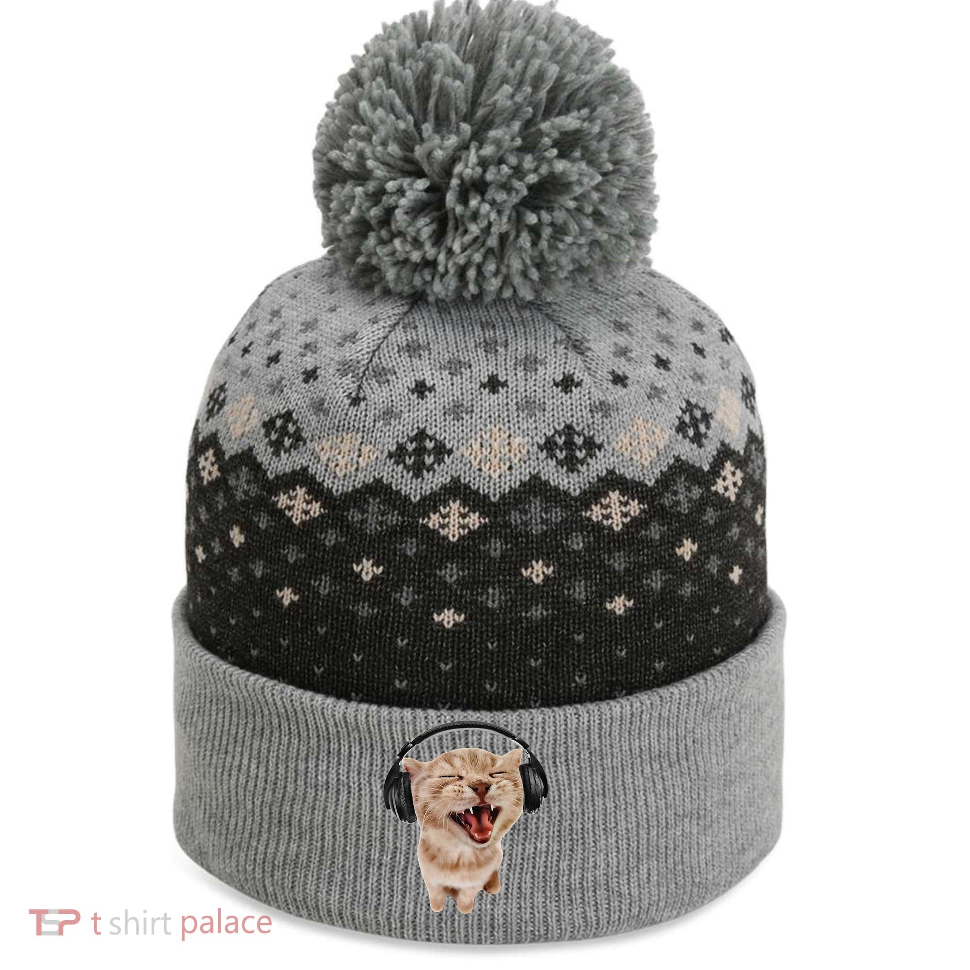Silly Cat With Headphones The Baniff Cuffed Pom Beanie