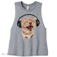 Silly Cat With Headphones Women's Racerback Cropped Tank thumb 0