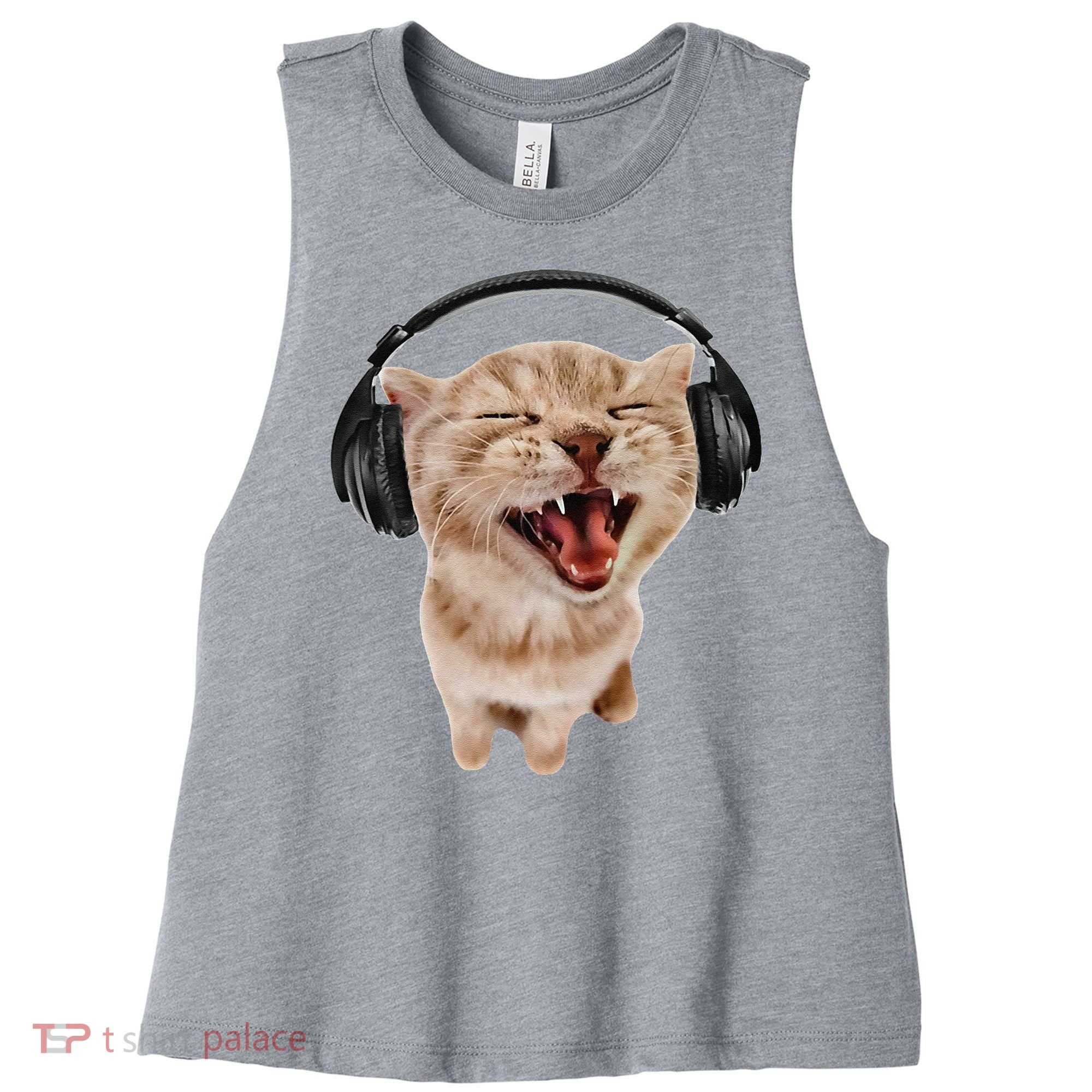 Silly Cat With Headphones Women's Racerback Cropped Tank