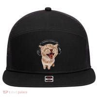 Silly Cat With Headphones 7 Panel Mesh Trucker Snapback Hat thumb 0