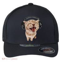 Silly Cat With Headphones Flexfit Unipanel Trucker Cap thumb 0